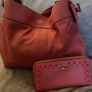 Coach Lexy studded shoulder bag with matching pebbled leather wallet in Coral